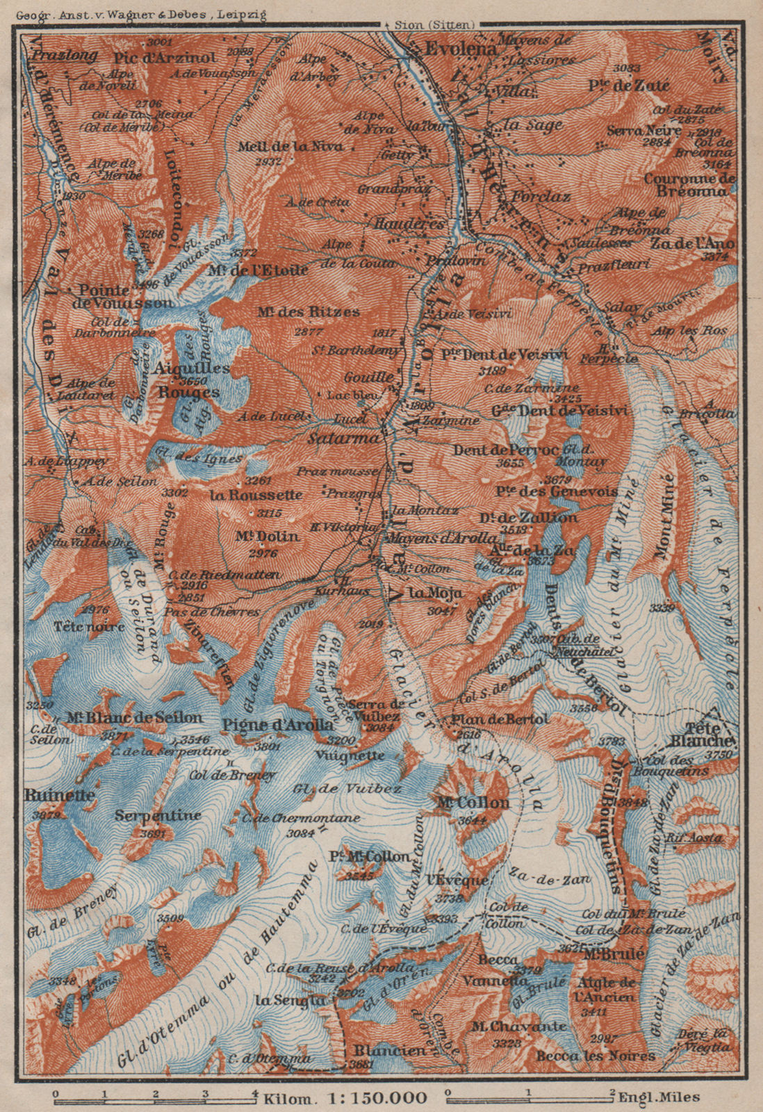 VAL D'AROLLA. Evolène Hérens Mont Collon Tête Blanche Aiguilles Rouges 1913 map